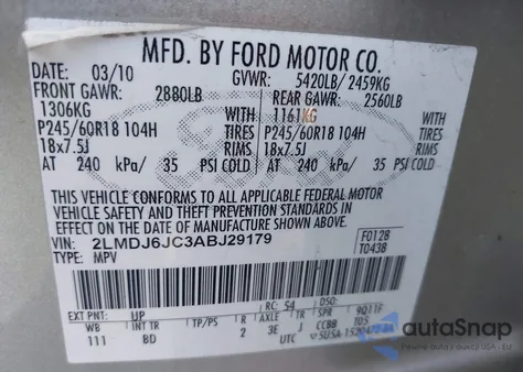 2010 Lincoln Mkx из США, поврежденный, VIN 2LMDJ6JC3ABJ29179